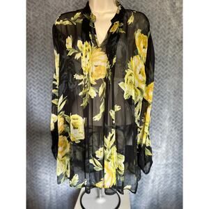 Susan Graver SemiSheer Black Long Sleeve Floral Blouse Sz L Colorful Casual Lace